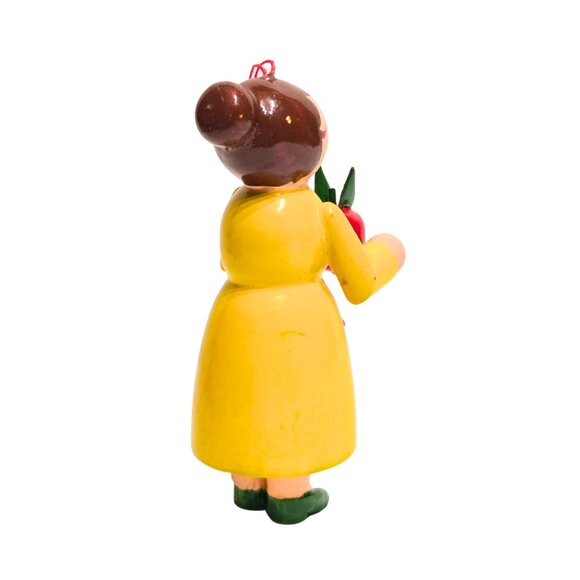 Midwest Wooden Christmas Ornament Teacher Holding Apple 3” Tall Yellow Dress - Picture 2 of 3